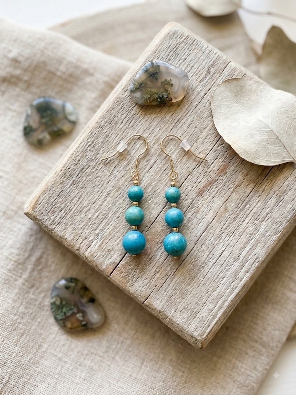 Gold Drop Earrings with Teal Stone Beads